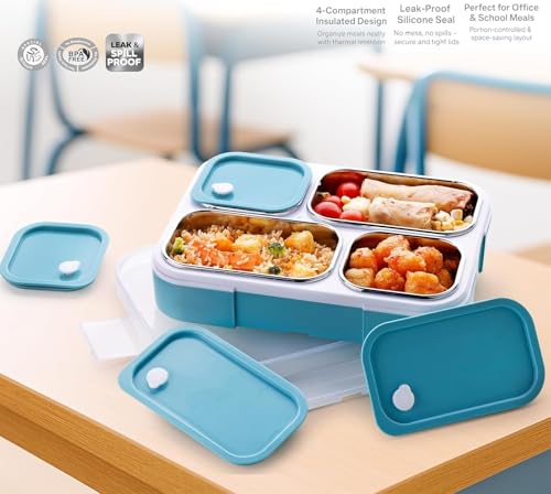 Image of Premium Insulated Steel 4 Compartment Lunch Box for School Office Use | Food Grade Sealed Leak-Proof Steel Containers with Air Vent Lock | Lunch Box for Kids Women Boys Girls