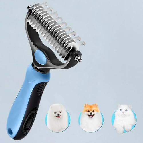 Undercoat Rake for Dogs Cats Styling comb Dematting Comb with Extra Wide Double-Sided Stainless Steel Teeth for Detangling Deshedding Brushing Thinning Removing Shed Fur Knots Mats and Tangles
