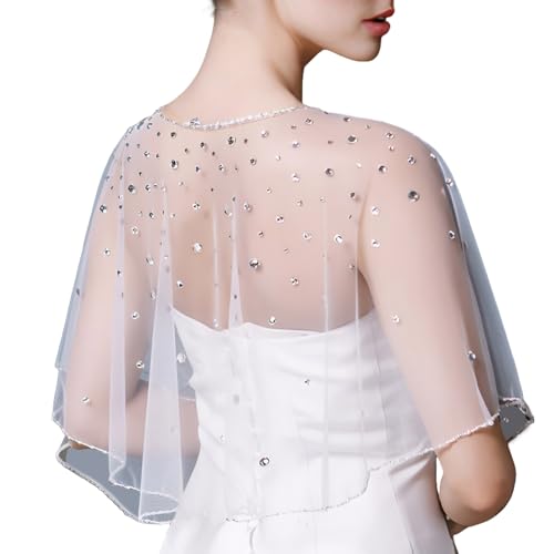 White Rhinestone Beaded Shawl - Tulle Evening Dress Accessory - Engagement & Wedding - Women's Shawl