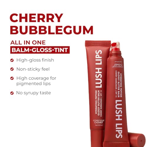 Image of Conscious Chemist Peptide Lip Balm SPF15 - Cherry Bubblegum | 24 hr Hydration & Moisturizing Lip Balm for Dark & Pigmented Lips | Sun Protection | Soothes Dry Lips & Repair Moisture Barrier - 15g , Red