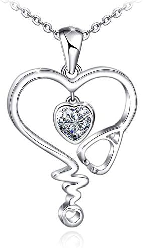 CHOKER Nurse Necklace for Women 925 Sterling Silver Stethoscope Heartbeat Necklace Jewelry Gifts for Nurse Graduation Medical Student Doctor-White