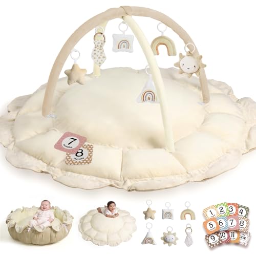 Image of HAM-MM 5-in-1 Convertible Baby Play Gym with 6 Toys, Tummy Time Mat for Sensory Development, Baby Activity Center for Newborn & Toddler, Ball Pit, Soft Pet Mat, No Ball Included Cream