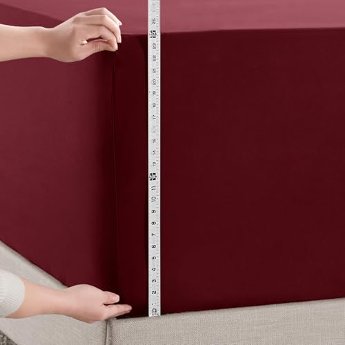 Image of Hearth & Harbor Extra Deep Pocket King Fitted Sheet - Fits 18 to 24 Inch Mattress - Ultra Soft 1800 Microfiber, Wrinkle-Free & Breathable - Hotel Luxury Fitted Sheet Only, Burgundy