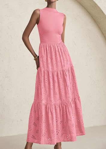 Image of PRETTYGARDEN Summer Dresses for Women 2026 Casual Eyelet Sleeveless Wedding Guest Maxi Dress Tank Top Sundress with Pockets