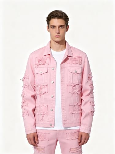 Image of Men's Denim Jacket Patchwork Fringe Jacket Slim Jean Jacket Streetwear Coat