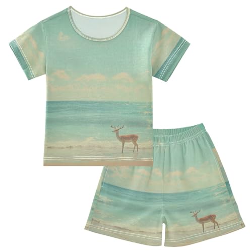 ALAZA Deer on The Summer Beach Pajama Set Short Sleeve Sleepwear Soft Lounge Nightwear