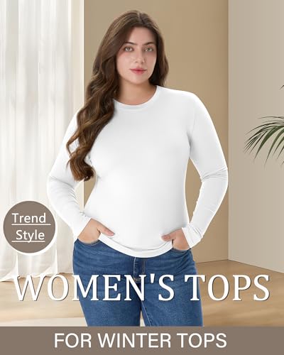 Image of Evervibe 3 Pack Women's Plus Size Long Sleeve Shirts Crew Neck Slim Fitted T Shirt Stretchy Casual Bodycon Basic Tee Tops