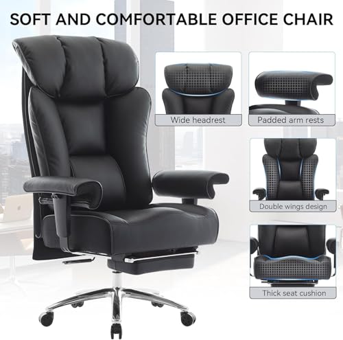 Image of Efomao Ergonomic Office Chair 450LBS with Foot Rest, High Back PU Leather Executive Office Chair with Adjustable Armrests, Lumbar Support for Home or Work, Computer Chair, Black