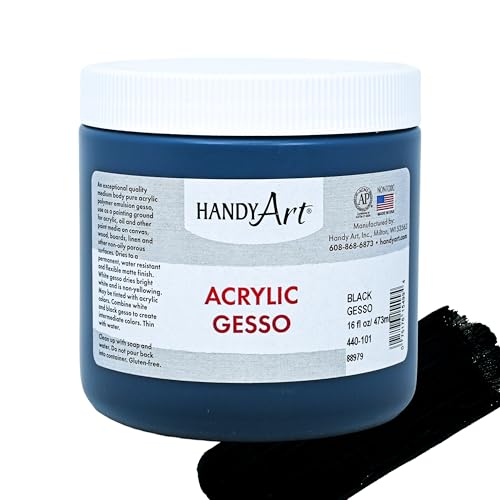 Handy Art Acrylic Gesso 16 oz Black Primer for Canvas Wood & Artist Painting Surfaces Enhances Acrylic Paint Adhesion Low Viscosity Thick Coverage Certified Safe & AP Non-Toxic Made in USA