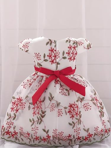 Image of Tagas Girls' Knee-Length Dress|Elegant Floral Embroidered Baby Girl Party Dress with Bow|Soft Net Layered Frock for Birthday, Wedding & Festive Occasions|Comfortable & Stylish