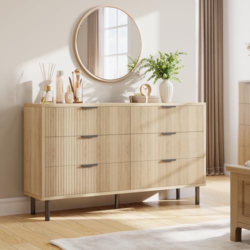 GarveeHome Oak Fluted 6 Drawer Dresser, Wide Wood Double Dresser with Metal Legs and Handles, Modern Chest of Drawers with Anti-Tipping Design for Bedroom Living Room Hallway