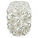 Quinnyshop Weiße Lilie Stickerei Tischdecke Tischläufer ca. 45 x 170 cm Oval Polyester, Weiß Grün