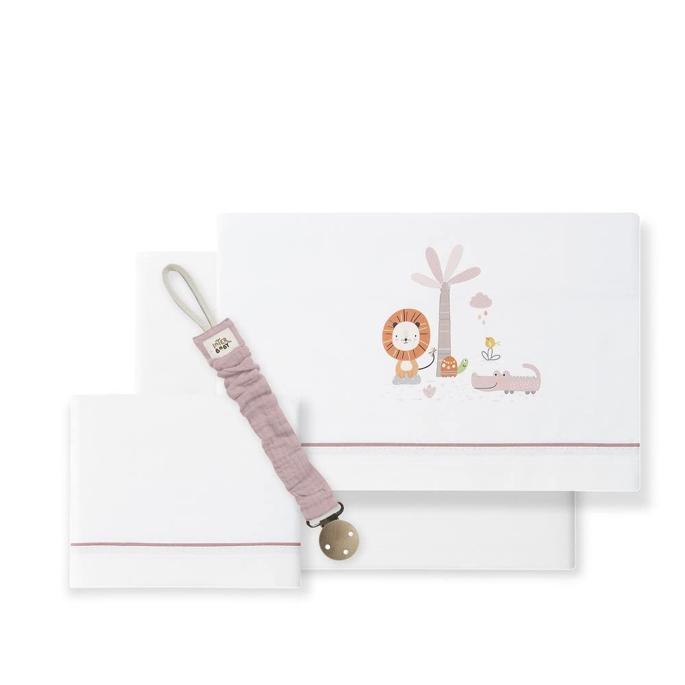 Set 3 pezzi - Lenzuolo lettini con portaciuccio in mussola Leone palma bianco chiaro
