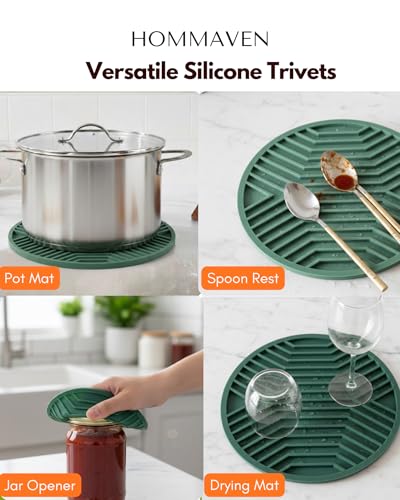 Image of Silicone Trivet Mats, Set of 3 Heat Resistant Mats for Hot Pots & Pans, Mats Dining Table Kitchen, Non-Slip, Non Stick, Coaster, Spoon Holder, Food Grade, BPA Free, 6.5mm Extra Thick, (Green)