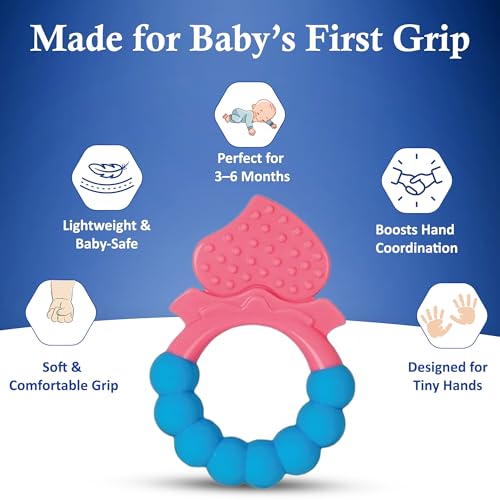 Image of MamaLaps Soft Silicone Baby Teether, Silicone BPA Free Teethers for Newborn Infant, Teething Toy for Babies with Textured Surface for Soothing Gums (Pack of 1, Ribb Heart-Pink)