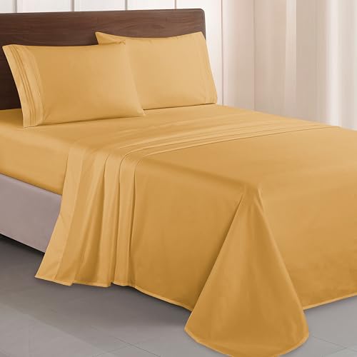 Elegant Comfort Luxurious 1500 Premium Hotel Quality Microfiber Three Line Embroidered Softest 4-Piece Bed Sheet Set, Wrinkle and Fade Resistant, Full, Camel-Gold