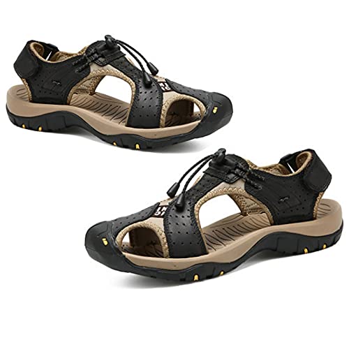 MILDSEVEN Handmade Men's Classics Hiking Sandals, Large Size Fashion Real Leather Closed Toe Sandals, Breathable Outdoor Backpacking Beach Shoes,11.5,Black