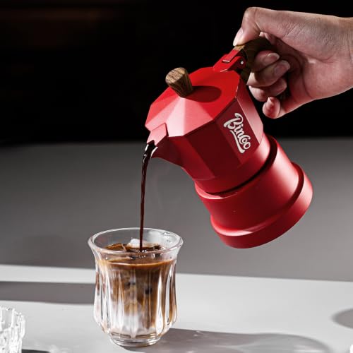 Image of Bincoo Three-valve Espresso Maker Stovetop,2 Cups Camping Moka Pot Espresso Italian Coffee Maker,Rich Crema,Easy to Use (Red)