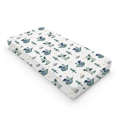 Image of Fairy Tale Dragon Trees Stars Changing Pad Covers Watercolor Dragons Diaper Changing Table Cover Sheets for Boy Girl Soft Stretchy Snug Fitted Baby Changing Pad Mats 32''x16'' Green