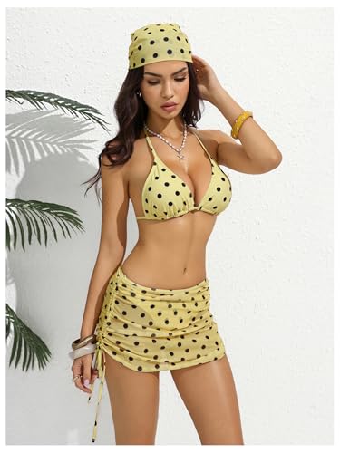 Image of RoseSeek Women's 4 Piece Polka Dots Bathing Suits Cover Up Skirt & Bandana