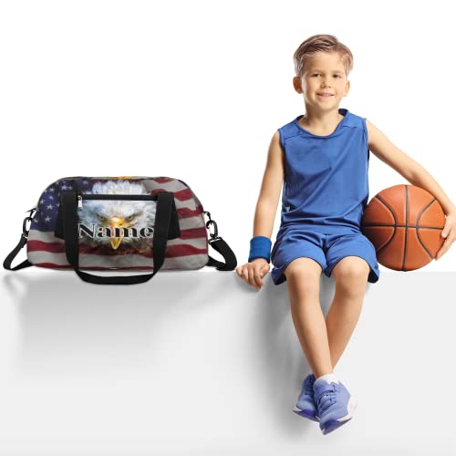 American Flag Personalized Kids Duffle Bags With Custom Name, American Bald Eagle American Flag Small Travel Sports Weekender Bag Dance Bag For Boys Girls, Customized Kids Gifts Overnight Bag #TOP1