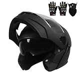 Adult Modular Motorcycle Helmets, DOT Approved Flip up Dual Visor Full Face Helmet for Men Women Moto ATV UTV Snowmobile ADV Four Wheeler Street Bike with Gloves & Mask (Black, L)