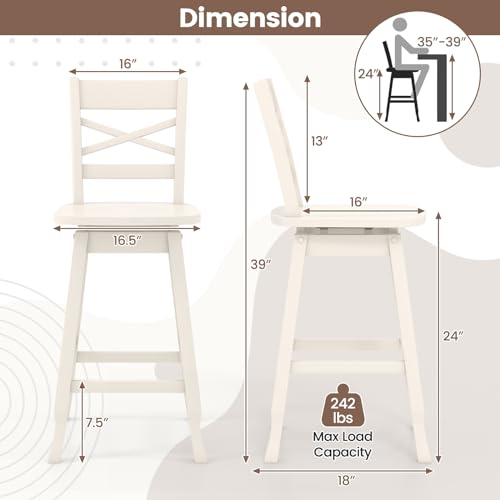 COSTWAY Butaco Altura de Mostrador 24 Pulgadas Juego de 2, Silla de Bar Giratoria de Madera de Caucho con Respaldo Inclinado, Asiento Curvado y Reposapiés, Silla de Barra para Isla de Cocina y Pub (2, Crema) miniatura 3