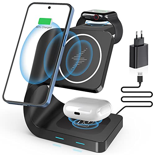 3 in 1 magnetische kabellose Ladestation, 15 W Schnellladeständer Handy-Dock mit Anzeige für iPhone 13/12/11 Pro/XS für Air Pods 3/2/1/Pro für iWatch Series 7/6/5/4/3 und Qi-Cer zertifizierte Telefone Cover