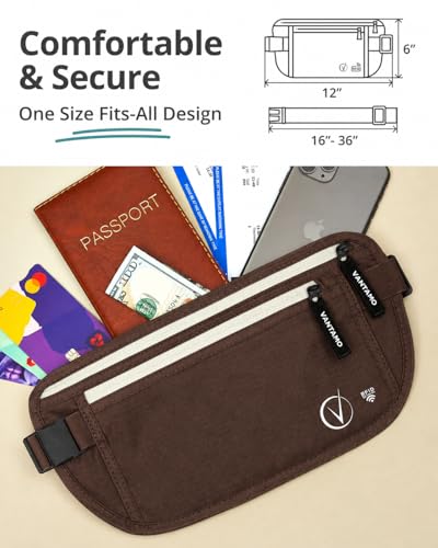 Image of Vantamo Money Belt with RFID For Men & Women, Hidden Passport Holder for Travel, 2 Compartment Travel Fanny Pack for Women Anti Theft