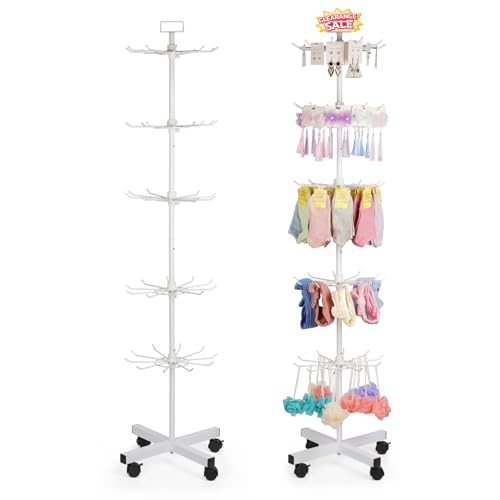 Exttlliy 5-Tier Metal Spinning Display Stand Rack with Wheels, Keychain Jewelry Stocking Hat Display...