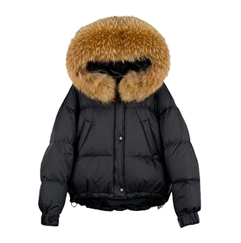 Manteau duvet canard femme court et épais avec capuche en fourrure marron