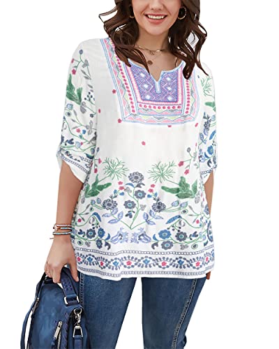 Skiss Womens Scoop Neck Plus Size Boho Embroidered Top 3/4 Sleeve Floral Tunic Shirts White 4Xl #TOP29