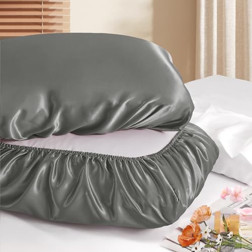 Manyshofu Satin Pillowcases for Hair Protection - 2Pcs Grey Pillow Cases, Elastic Band Standard & Queen Satin Pillowcases Luxury Silky Pillow Cases Travel Pillow Covers
