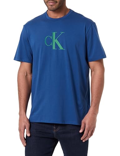 Calvin Klein Camiseta de Manga Corta Hombre Center Monogram Classic de algodón, Azul (Blue Jean), XL