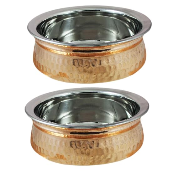 Set of 2 Indian Serving Bowl Copper Stainless Steel Hammered Karahi Indian Dishes Serve ware for Vegetable and Curries, 6 Inch, Brown