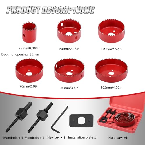 Kigniote Hole Saw Sets, 11Pcs Hole Saw Kit with 6 Saw Blade (22/54/64/76/89/102mm) Mandrels Drill Bits Installation Plate Hex Key Gloves Storage Case, Holesaw Idear for Wood Plywood PVC Board 5 Kigniote Hole Saw Sets, 11Pcs Hole Saw Kit with 6 Saw Blade (22/54/64/76/89/102mm) Mandrels Drill Bits Installation Plate Hex Key Gloves Storage Case, Holesaw Idear for Wood Plywood PVC Board - Image 5