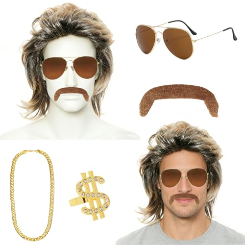 Vokuhila Perücke,5 Stück 80er Jahre Outfit Herren Perücken,80er Mullet Perücke Herren Lang,Blond Perücken Sonnenbrille Halskette Bart,Ring,für Karneval,Halloween,Fasching,Mottoparty