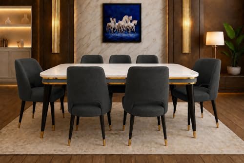 Image of WOODEN SPACE 6-Seater Wooden Dining Table Set | Nano Composite Marble Top | Solid Wood Base | Modern Dining Room Furniture with 6 Chairs (Dark Grey Vintage)