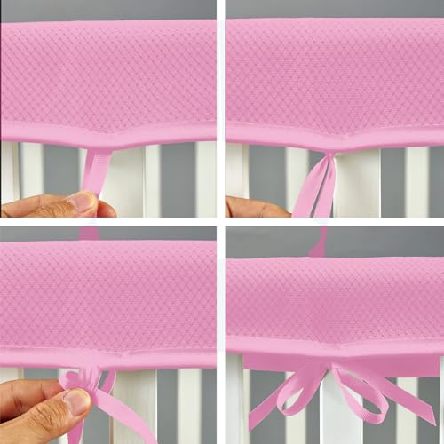 Image of 3PCS Crib Rail Covers for Teething - Non-Padded- Easy Install, Soft Mesh Cover,Mesh Coverage Straps for Full Size (Pink)