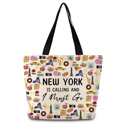 Bolso tote 'New York Is Calling', estético y bonito, para hombro y mano, con bolsillo interior con cremallera, ligero y lavable, estilo viaje a Nueva York, regalo para mujeres y amigas miniatura 1