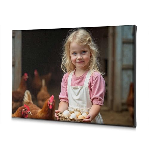 Toile décorative salon souvenir d'enfance : jeune fille au panier d'œufs et poules 40x60