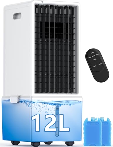 Image of HIFRESH Air Cooler for Room Cooling, 31Ft Air Throw, 4 Modes & 4 Speeds, Remote & Touch, 12H Timer, 12L Tank for 24H Cooling, Waterless Alert, 2 Ice Packs, Low Power Consumption Tower Cooler for Home