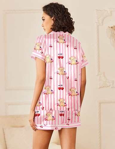Image of Ekouaer Womens Silk Satin Pajamas Sets 2 Piece Short Sleeve Sleepwear Button Down Top and Shorts Pjs Lounge Wear Sets,Teddy Cherry Print,M