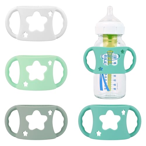 Image of 4 Pack Baby Bottle Handles, Silicone Bottle Handles for Dr Brown Wide-Neck Baby Bottles (White+Blue+Green+Grey)