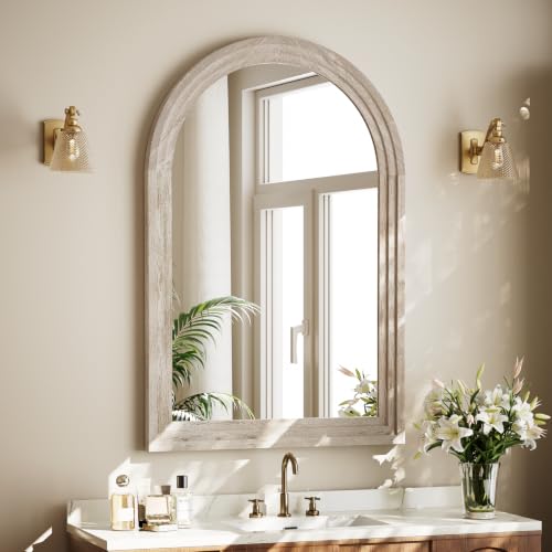 Riskioir 36" x 24" Solid Wood Arched Framed Bathroom Mirror, White