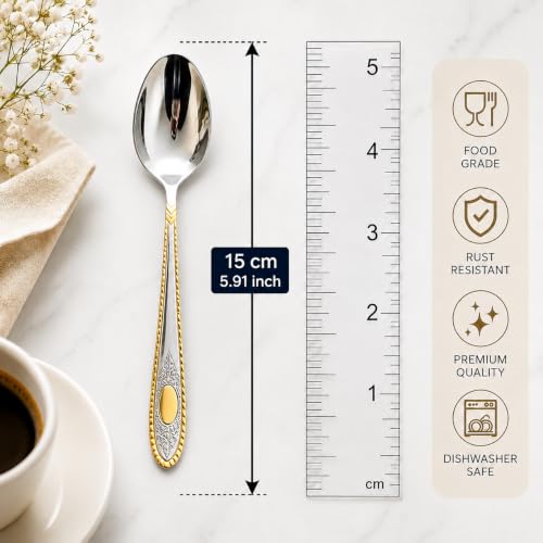 Image of Golden Coffee Spoon (Pack of 6) 15 cm Long Premium Golden Finish Stainless Steel Luxury Tea & Coffee Spoons Dessert, Soup, Daily Use Elegant Gold Tableware with Modern (Silver)