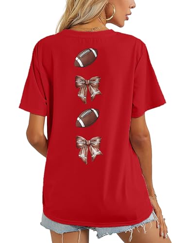 Football Shirts for Women Game Day Football Mom Tshirt Soccer Lover Bow Graphic Tee Shirt4