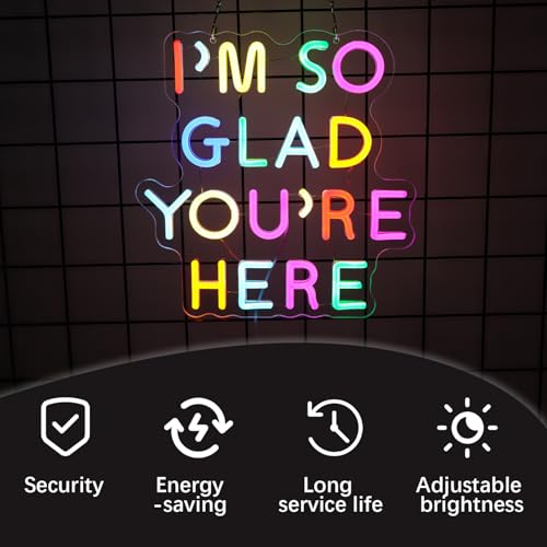 Image of I'm So Glad You're Here Neon Sign for Teachers - Dimmable Multicolor Letter LED Light with Wired Controller, Rainbow Glow Classroom Decor, 12.2x11.8 in, Includes 4 Wall Anchors & 2m USB Cable