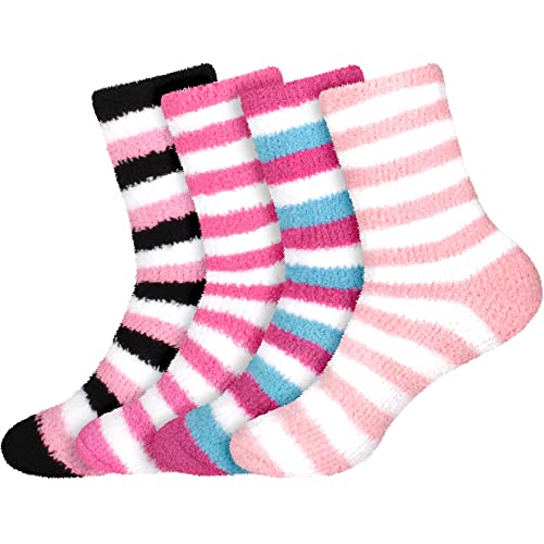 BambooMN Women's Super Soft Warm Microfiber Fuzzy Cozy Home Stripe Socks - Assortments