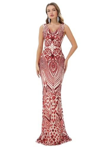 Image of Women's Wedding Bridesmaid Gown Sequined Mermaid V Neck Sleeveless Evening Dress